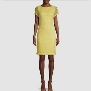 BISOU BISOU Yellow Michele Bohbot Eyelet Lace Sleeve Lace Lined Sheath Dress